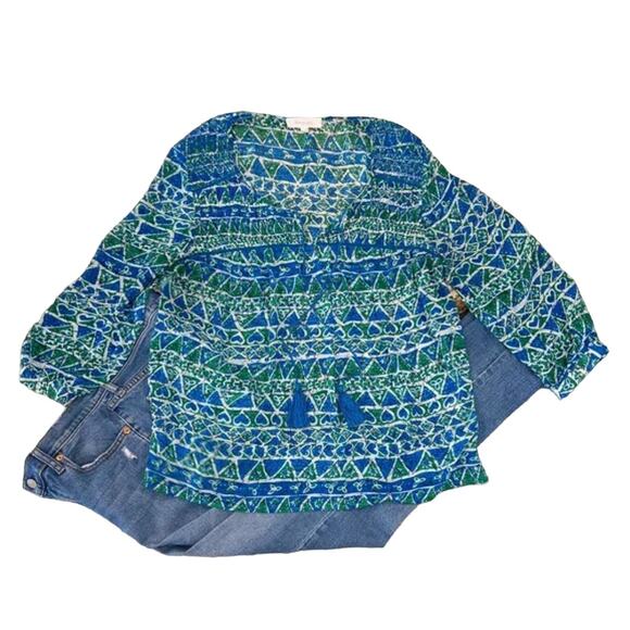 Vince Camuto Turquoise & Green Sheer Batik Tassel Boho Peasant Top - M - Picture 1 of 12
